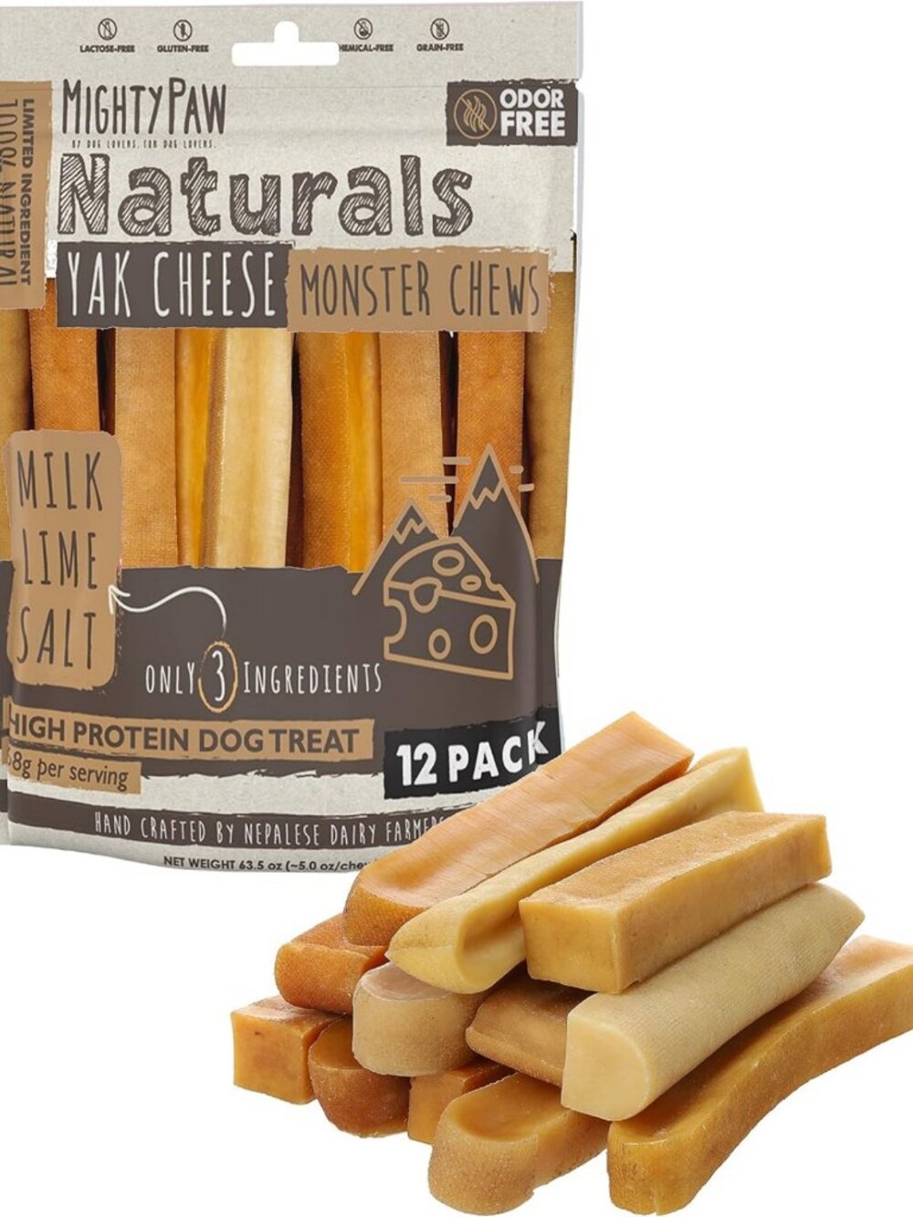 Himalayan Yak Cheese Chews for Dogs - Monster 12 Pack, Natural & Long-Lasting